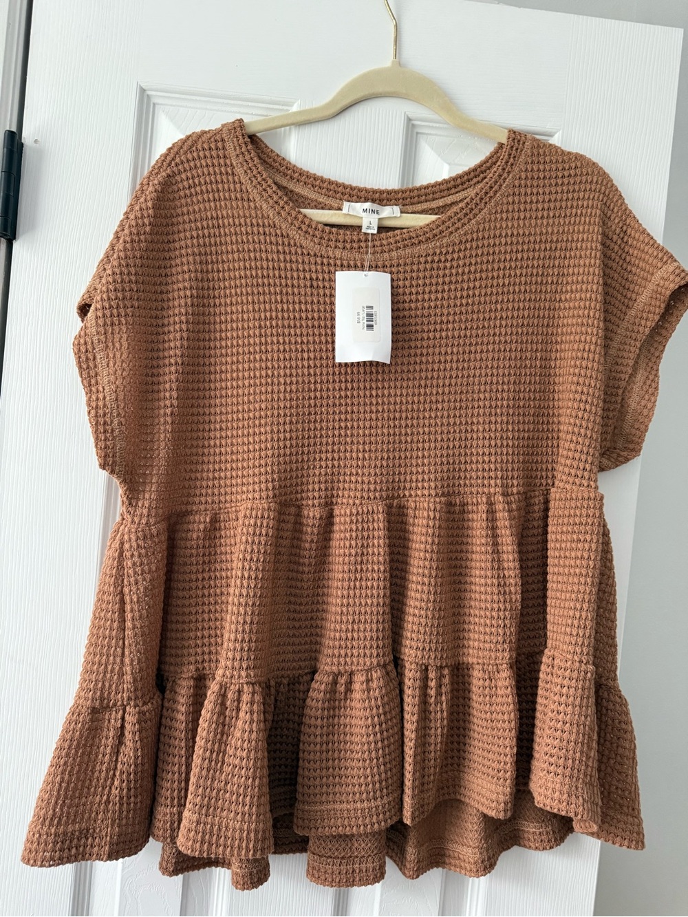 MINE Waffle Knit Peplum Top - Brown